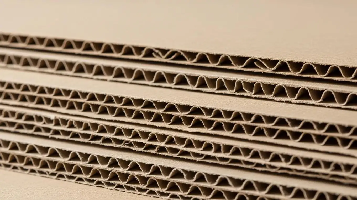Close-up of corrugated box materials, highlighting fluted paper and linerboard construction