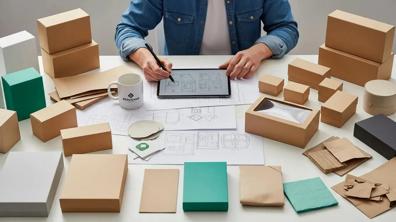 Designer creating custom packaging solutions with eco-friendly materials