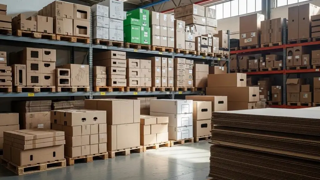 Durable industrial corrugated packaging solutions in a warehouse, highlighting customization and eco-friendly materials