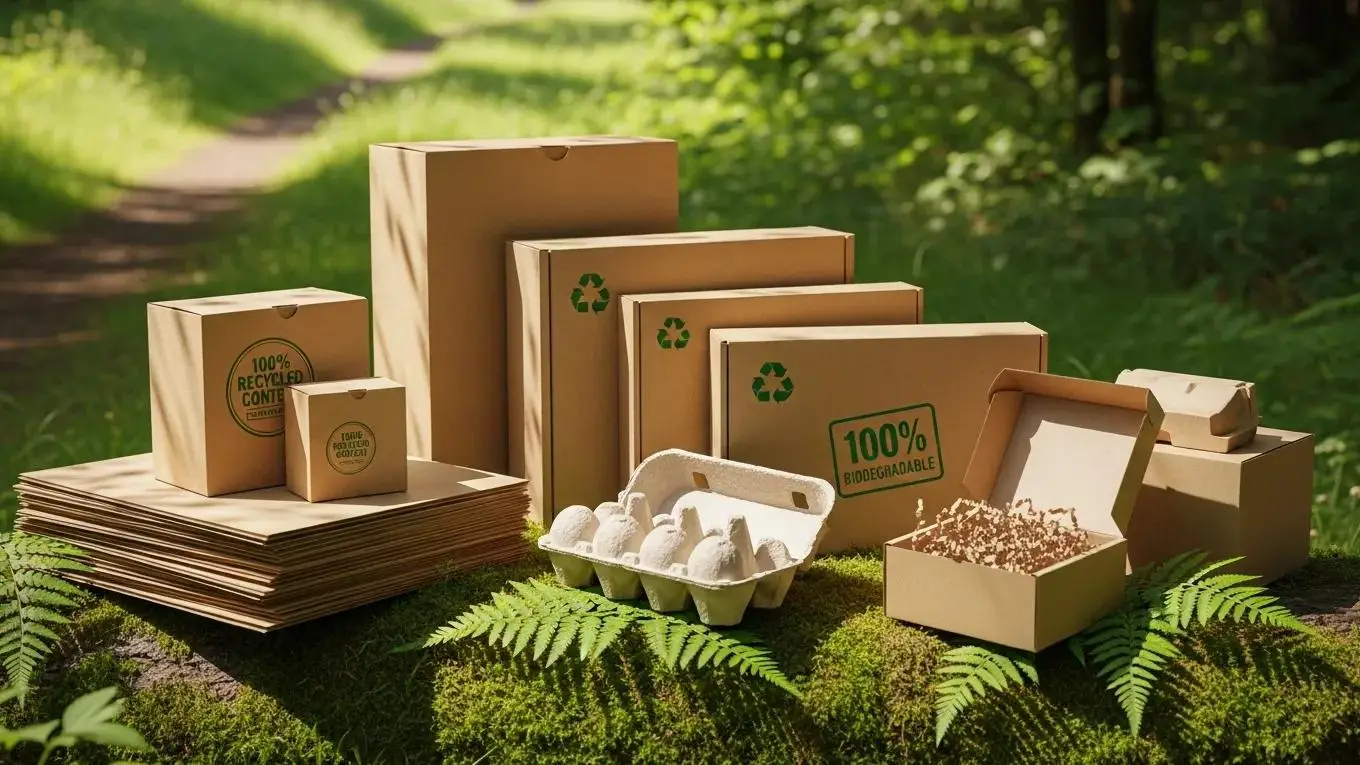 Eco-friendly corrugated packaging materials in a natural setting, emphasizing sustainability and recycling