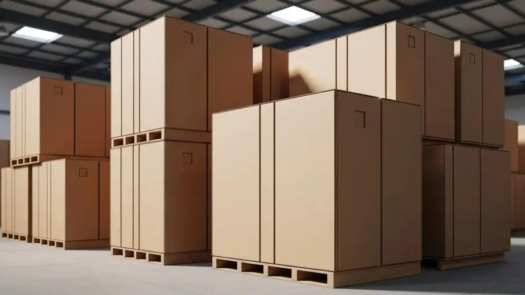 Extra large heavy duty boxes in a warehouse, showcasing robust design and industrial strength