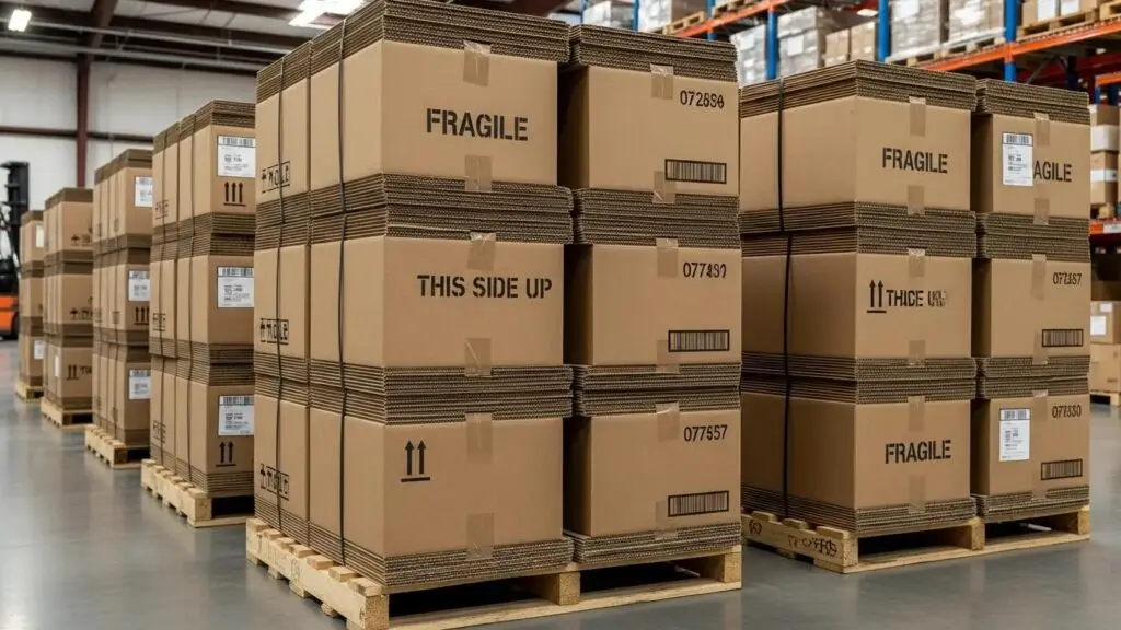 Heavy duty double wall boxes in a warehouse, emphasizing their strength and durability for industrial shipping