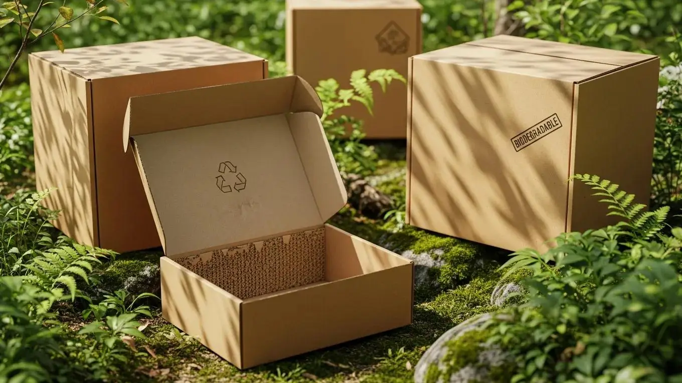 Heavy duty double wall boxes made from eco-friendly materials in a natural setting, highlighting sustainability and recyclability