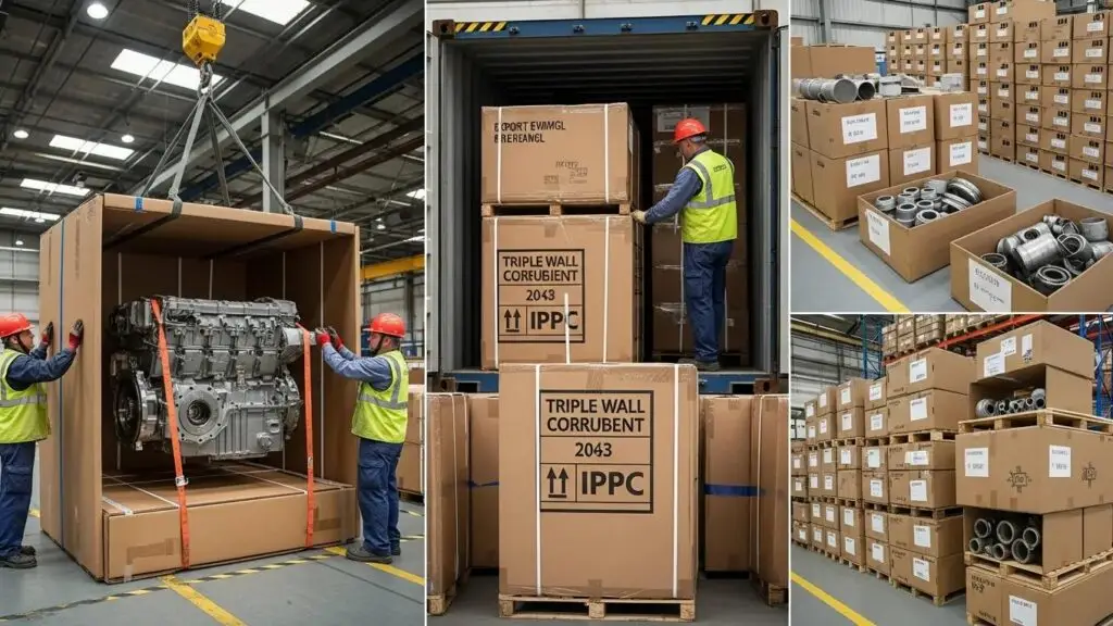 Industrial applications of triple wall corrugated packaging, including machinery transport and bulk storage
