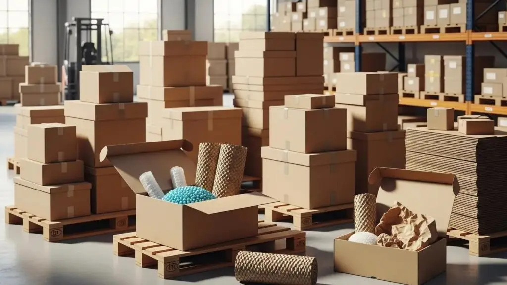 Variety of wholesale shipping boxes in a warehouse, emphasizing packaging solutions