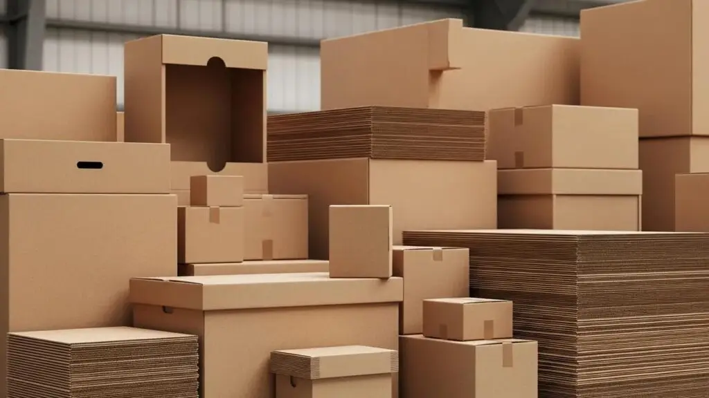 Wholesale corrugated boxes in a warehouse, showcasing durability and variety for bulk shipping