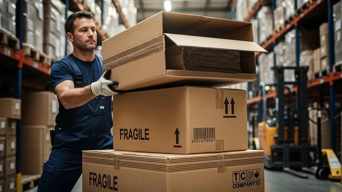 Worker handling heavy-duty corrugated cardboard boxes, showcasing their strength and durability in a shipping environment