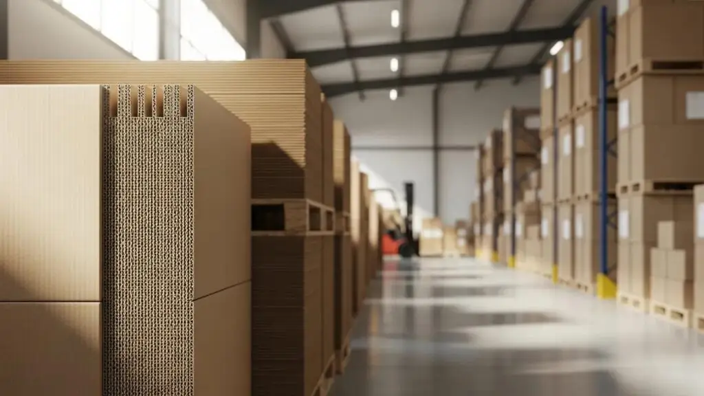 Corrugated and cardboard boxes in a warehouse, highlighting structural differences