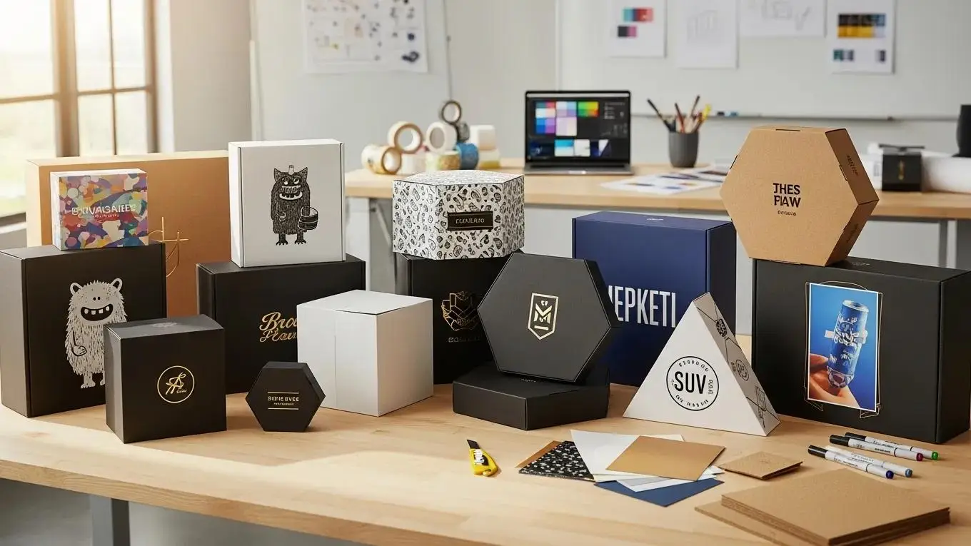 Customized corrugated boxes showcasing various sizes and graphics in a modern workspace