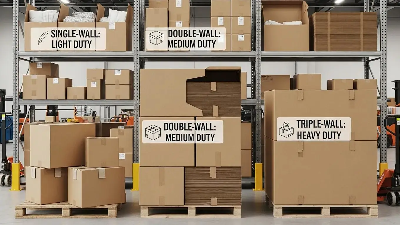Different types of corrugated boxes displayed in a warehouse, indicating strength for heavy-duty storage