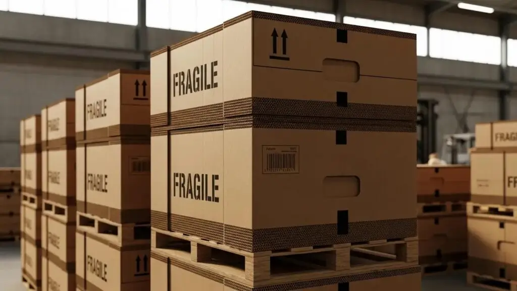 Double wall corrugated boxes stacked in a warehouse, showcasing their strength and durability