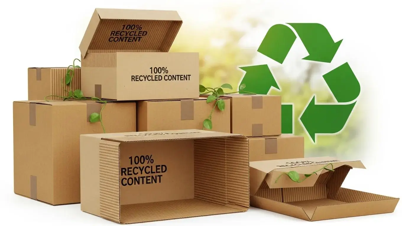 Eco-friendly corrugated shipping containers made from recycled materials, emphasizing sustainability