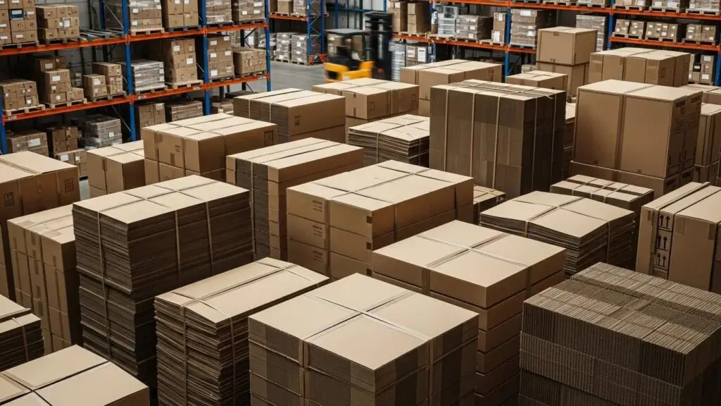 Heavy-duty corrugated boxes in a warehouse, showcasing robust packaging solutions