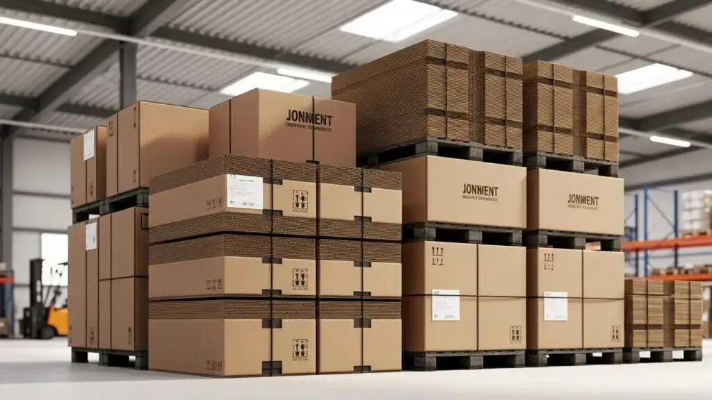 Industrial strength corrugated boxes in a warehouse, showcasing durability and robust design