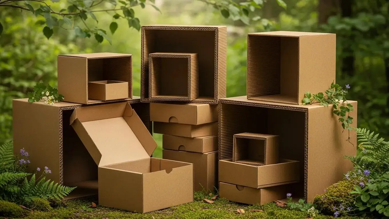 Recyclable double wall corrugated boxes in a natural outdoor setting, emphasizing sustainability