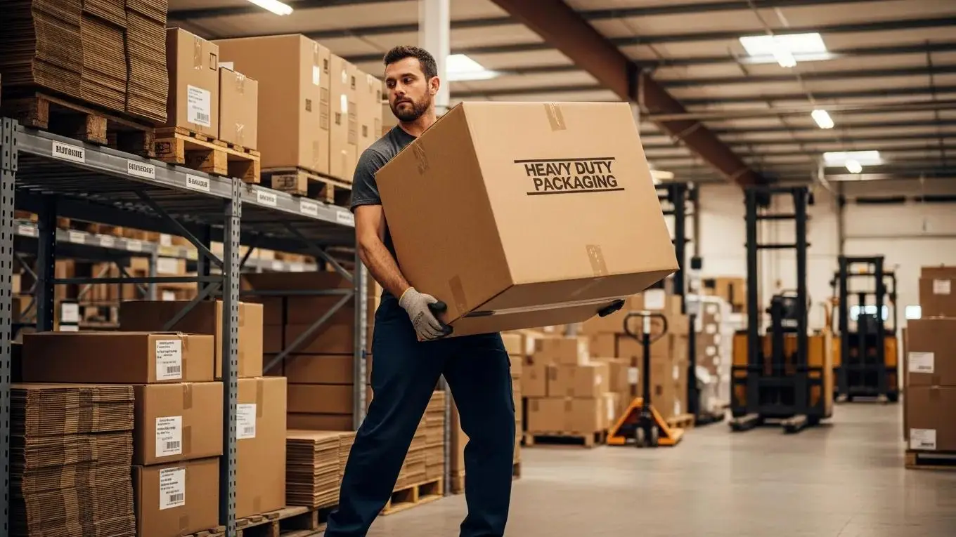 Worker handling double wall corrugated boxes in a shipping environment, illustrating industrial strength